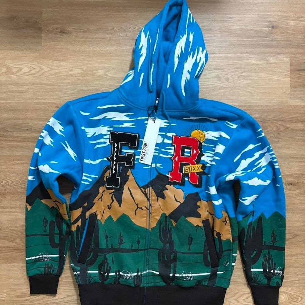 First Row "Desert Landscape" Full Zip Hoodie – Size L (Blue/Green/Brown)